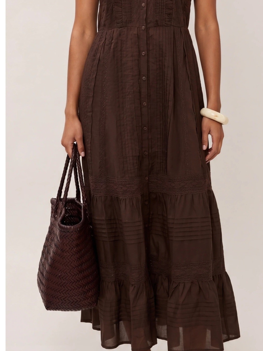 Few Moda Atelier Sorella Brown Maxi Dress, Button Front, Pintucking, Lace - Picture 3 of 10